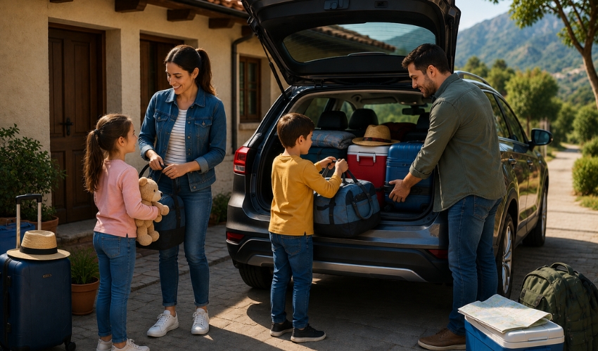 Familia revisando su auto antes de viajar en carretera durante vacaciones de verano