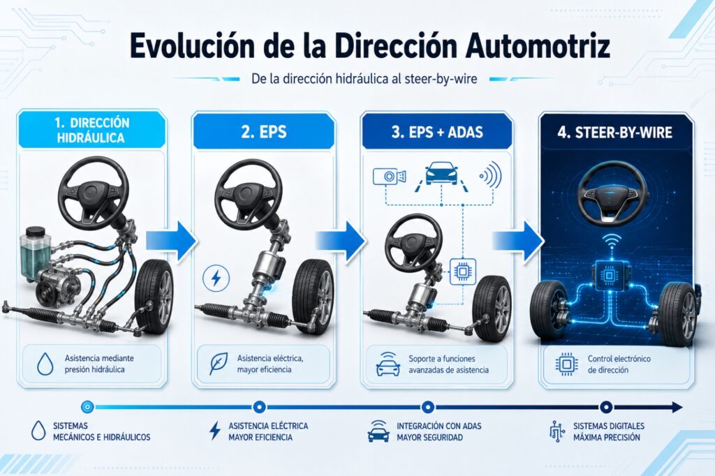 Evolución de la dirección automotriz desde hidráulica hasta steer-by-wire
