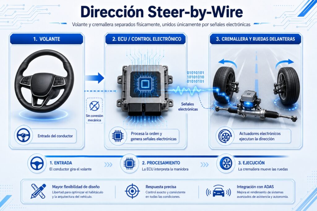 Funcionamiento del sistema de dirección steer-by-wire sin columna mecánica