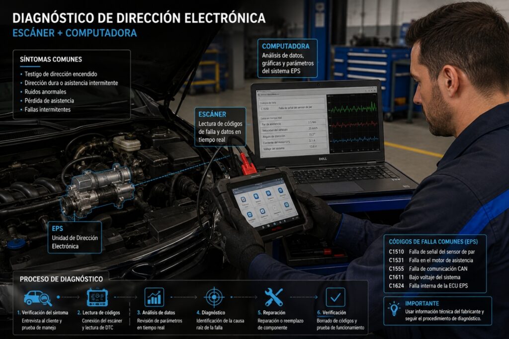 Diagnóstico electrónico de dirección steer-by-wire en taller automotriz