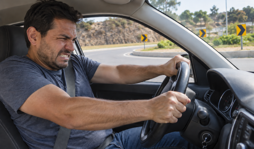 Conductor comprobando por qué el volante está duro al girar en retornos