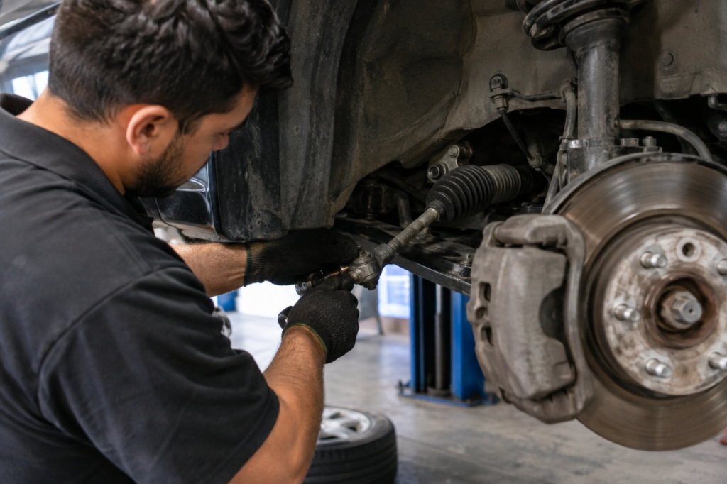 Mecánico diagnosticando un volante duro en un automóvil